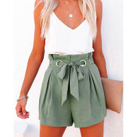 Ruched High Waist Eyelet Tied Detail Shorts - Army green