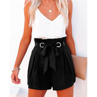 Ruched High Waist Eyelet Tied Detail Shorts - black