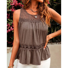 Ruched Lace Patch Casual Tank Top - gray