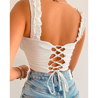 Ruched Lace-up Backless Tank Top - white