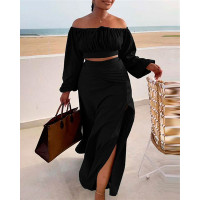 Ruched Lantern Sleeve Top & Slit Skirt Set - black