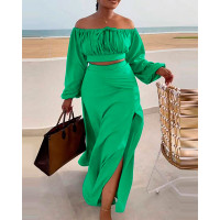 Ruched Lantern Sleeve Top & Slit Skirt Set - green