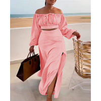 Ruched Lantern Sleeve Top & Slit Skirt Set - pink