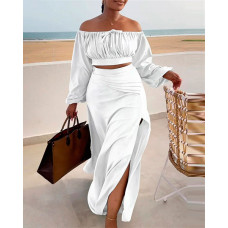 Ruched Lantern Sleeve Top & Slit Skirt Set - white