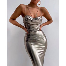 Ruched Metallic PU Leather Bodycon Dress - silver