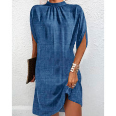 Ruched Mock Neck Half Sleeve Casual Dress - blue