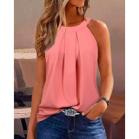 Ruched O-Neck Sleeveless Casual Tank Top - pink