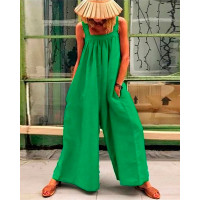 Ruched Pocket Decor Casual Wide Leg Jumpsuit - green