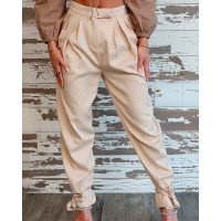 Ruched Pocket Design Cuffed Pants - beige