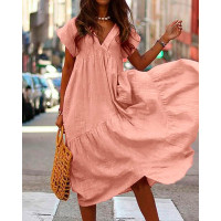 Ruched Ruffles Short Sleeve Casual Irregular Dress - pink