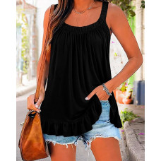 Ruched Ruffles Thick Strap Tank Top - black