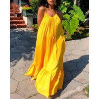 Ruched Ruffles Tied Detail Cutout Back Casual Maxi Dress - yellow