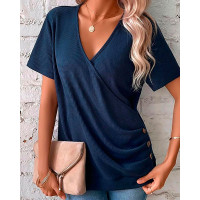 Ruched Side Buttoned Wrap Top - purplish blue