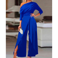 Ruched Skew Neck Split Hem Wide Leg Jumpsuit - blue