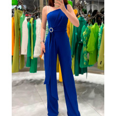 Ruched Sleeveless Asymmetrical Hem Jumpsuit - blue