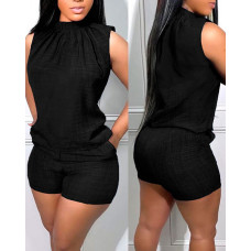 Ruched Sleeveless Tank Top & Pocket Design Shorts Set - black