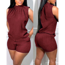 Ruched Sleeveless Tank Top & Pocket Design Shorts Set - Wine red