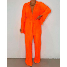 Ruched Slit Tied Detail Top & Wide Leg Pants Set - orange