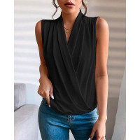 Ruched V-Neck Sleeveless Wrap Top - black