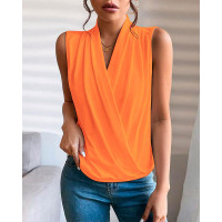 Ruched V-Neck Sleeveless Wrap Top - orange