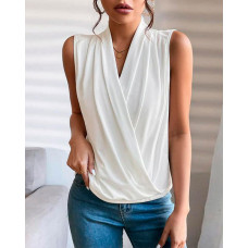 Ruched V-Neck Sleeveless Wrap Top - white