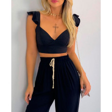 Ruffle Hem Backless Top & Pocket Design Pants Set - black