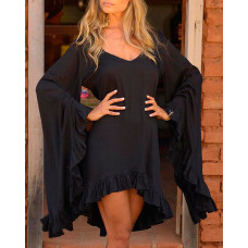 Ruffle Hem Bell Sleeve Casual Dress - black