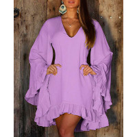 Ruffle Hem Bell Sleeve Casual Dress - light purple