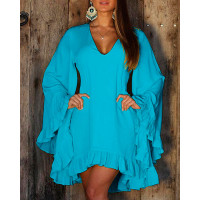 Ruffle Hem Bell Sleeve Casual Dress - Lighted Blue