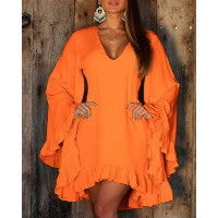 Ruffle Hem Bell Sleeve Casual Dress - orange