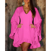 Ruffle Hem Bell Sleeve Casual Dress - rose red