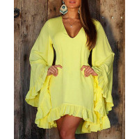 Ruffle Hem Bell Sleeve Casual Dress - yellow