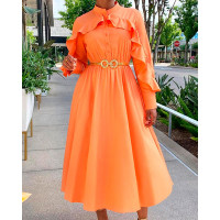 Ruffle Hem Button Front Long Sleeve Casual Dress - orange