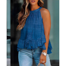 Ruffle Hem Casual Tank Top - blue