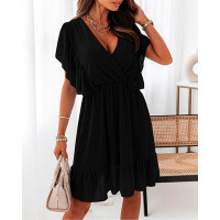 Ruffle Hem Casual Wrap Dress - black