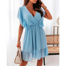 Ruffle Hem Casual Wrap Dress - blue