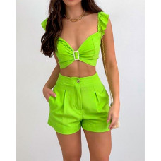 Ruffle Hem Crop Top & High Waist Shorts Set - Neon