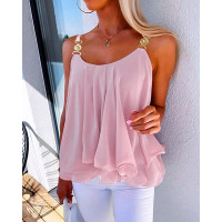 Ruffle Hem Flowy Metal Strap Tank Top - pink