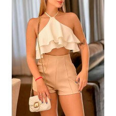 Ruffle Hem Halter Crop Top & Shorts Set - Apricot