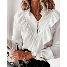 Ruffle Hem Long Sleeve Buttoned Top - white