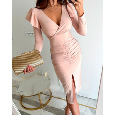 Ruffle Hem Long Sleeve Ruched Midi Dress - Apricot