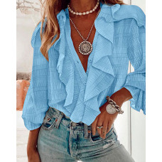 Ruffle Hem Long Sleeve Textured Blouse - blue