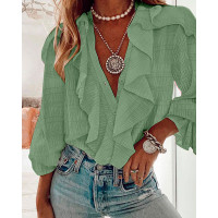 Ruffle Hem Long Sleeve Textured Blouse - light green