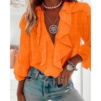 Ruffle Hem Long Sleeve Textured Blouse - orange