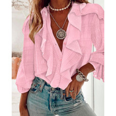 Ruffle Hem Long Sleeve Textured Blouse - pink