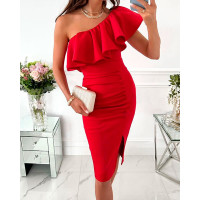 Ruffle Hem One Shoulder Slit Party Dress - red