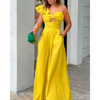 Ruffle Hem One Shoulder Wide Leg Jumpsuit - yellow