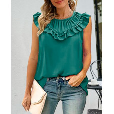 Ruffle Hem Ruched Detail Casual Tank Top - green