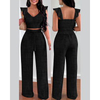 Ruffle Hem Shirred Crop Top & High Waist Pants Set - black