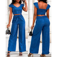 Ruffle Hem Shirred Crop Top & High Waist Pants Set - blue